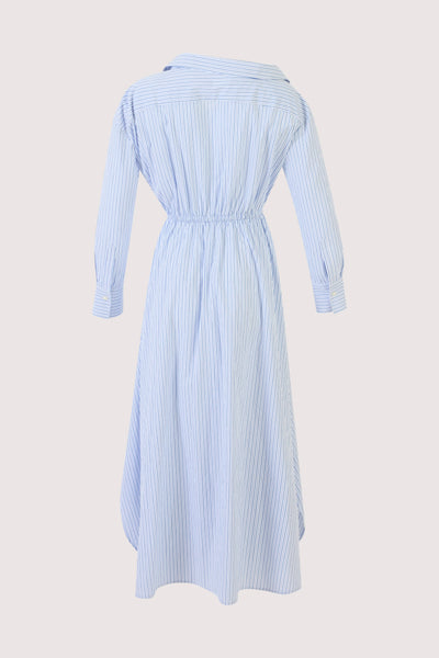 Falling Off the Shoulder Dress in Men's Shirting Blue Stripe