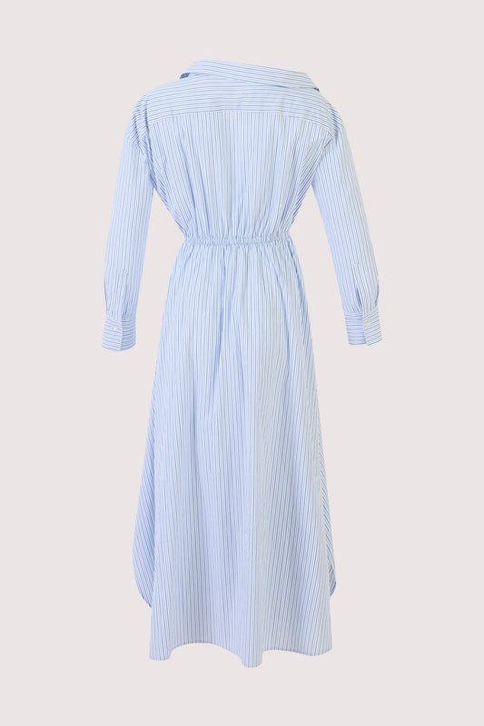Falling Off the Shoulder Dress in Men's Shirting Blue Stripe