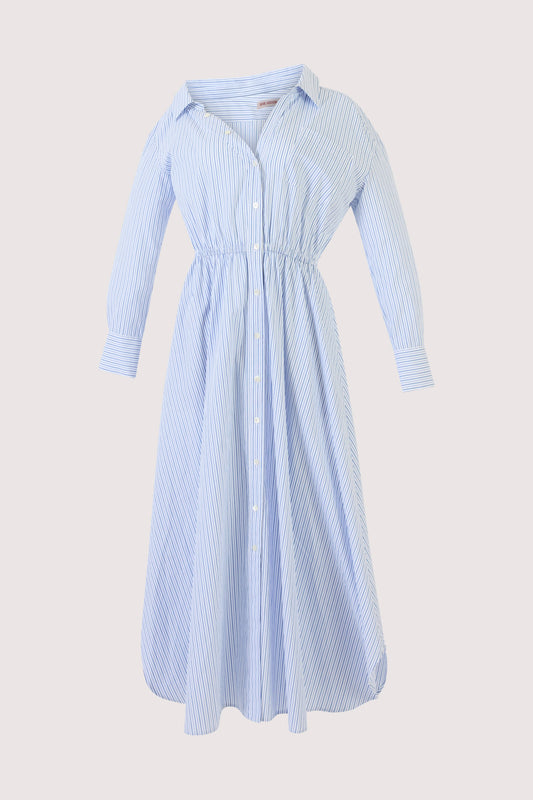 Falling Off the Shoulder Dress in Men's Shirting Blue Stripe