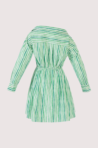 Falling Off the Shoulder Mini Dress in Watercolor Stripe Poplin