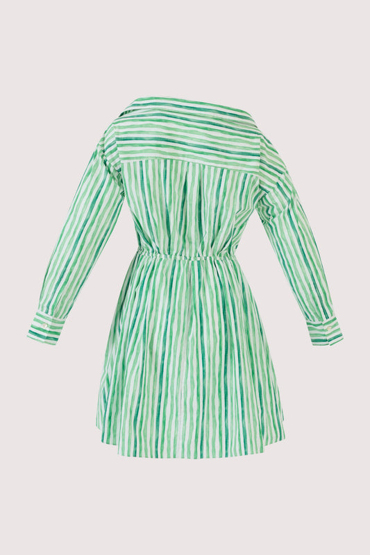 Falling Off the Shoulder Mini Dress in Watercolor Stripe Poplin