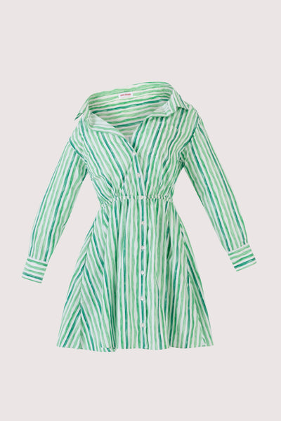 Falling Off the Shoulder Mini Dress in Watercolor Stripe Poplin