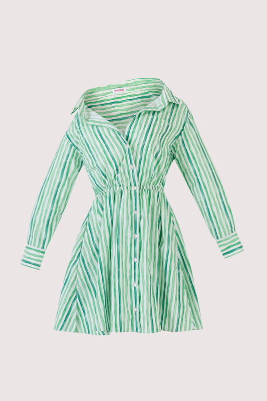 Falling Off the Shoulder Mini Dress in Watercolor Stripe Poplin