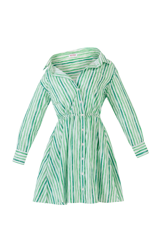 Falling Off the Shoulder Mini Dress in Watercolor Stripe Poplin