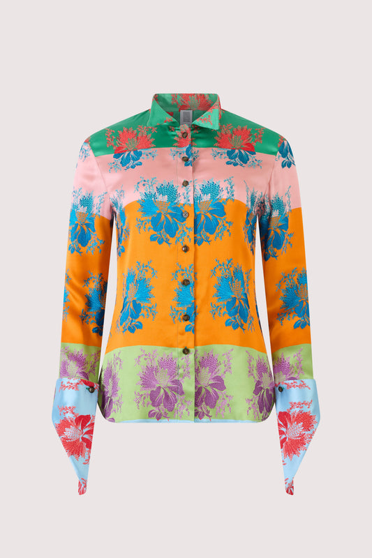 French Cuff Button Up in Hibiscus Jacquard Silk Stripe