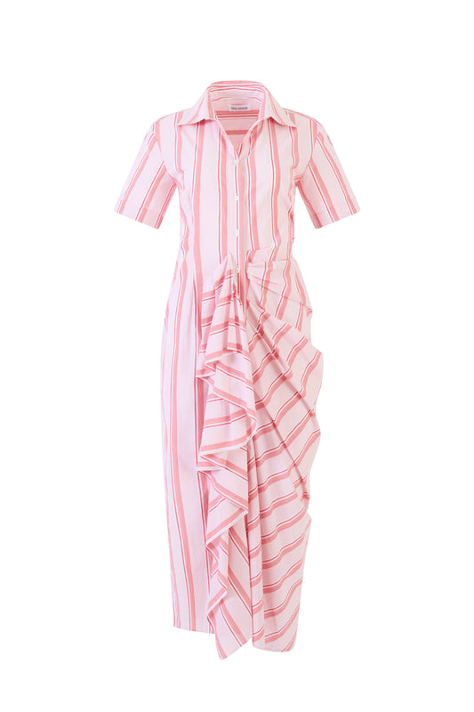 Gathered Ruffle Shirt Dress in Men's Shirting Red Stripe