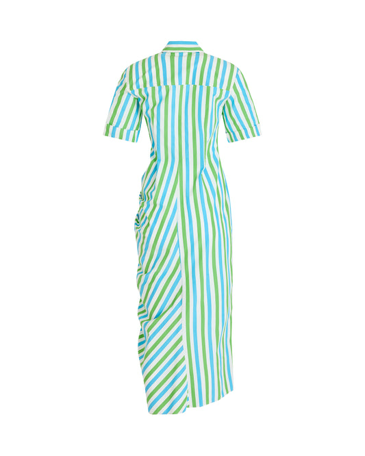 Gathered Ruffle Shirt Dress in Stripe Cotton Poplin