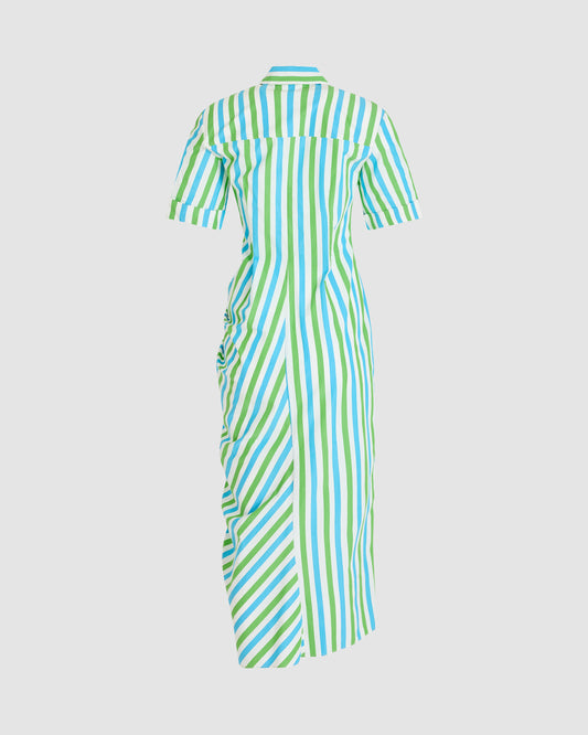 Gathered Ruffle Shirt Dress in Stripe Cotton Poplin