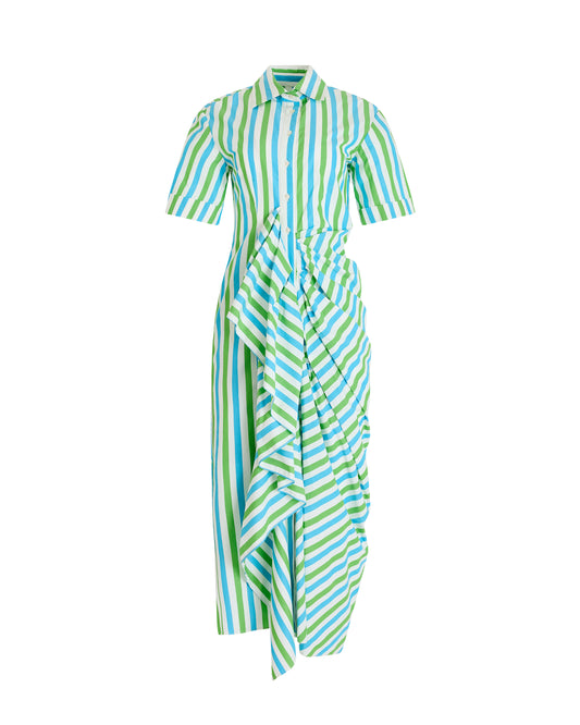 Gathered Ruffle Shirt Dress in Stripe Cotton Poplin
