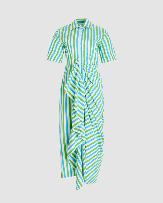 Gathered Ruffle Shirt Dress in Stripe Cotton Poplin