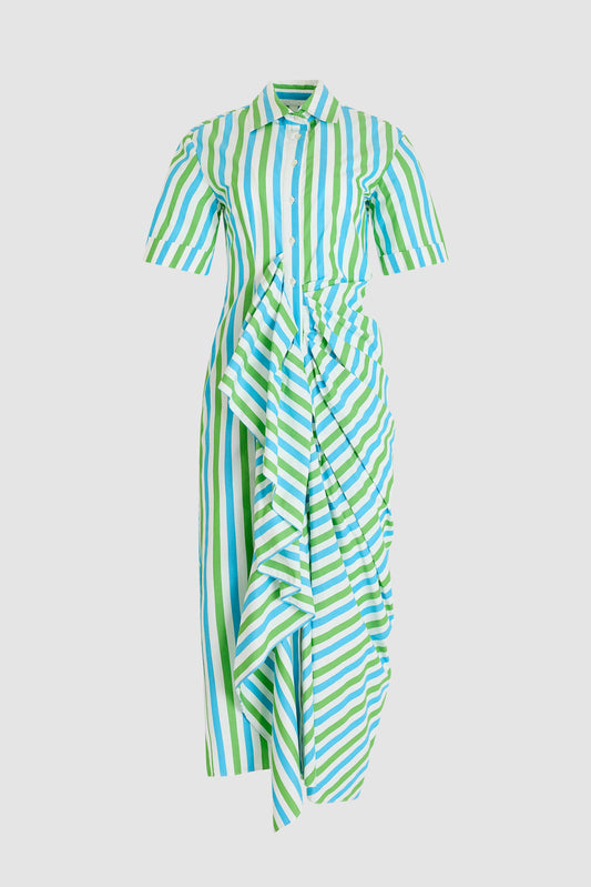 Gathered Ruffle Shirt Dress in Stripe Cotton Poplin