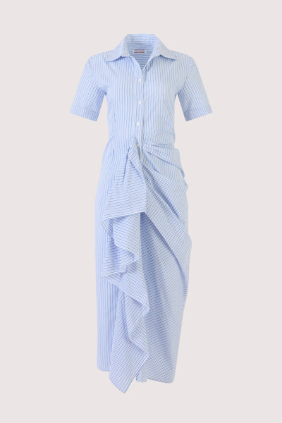 Gathered Ruffle Shirt Dress in Men's Shirting Blue Stripe – Rosie Assoulin Gathered Ruffle Shirt Dress in Men's Shirting Blue Stripe – Rosie Assoulin