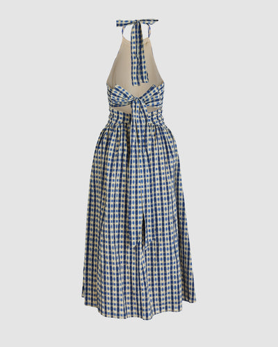 Rosie Assoulin Halter In The Name Of Love Dress Navy Check 10 Rosie Assoulin Halter In The Name Of Love Dress Navy Check 10