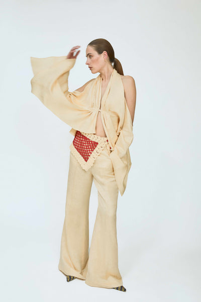 Paneled & Piped Flare Pant in Malta Linen Jacquard