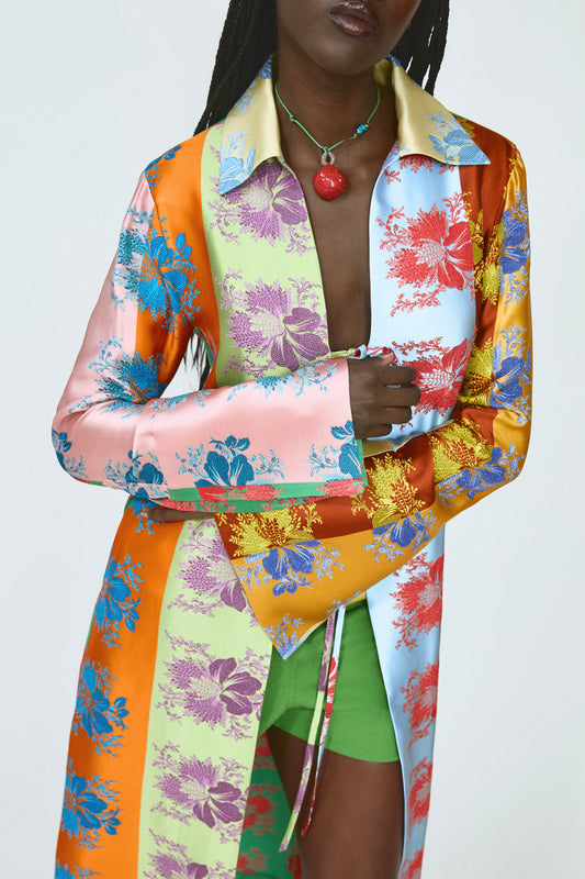 Long For You Duster Jacket in Hibiscus Jacquard Silk Stripe