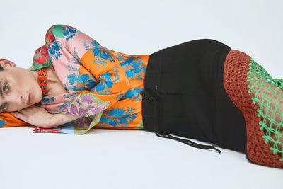 French Cuff Button Up in Hibiscus Jacquard Silk Stripe