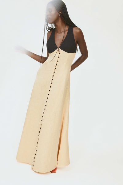 Row, Row, Row Your Buttons Dress in Malta Linen Jacquard