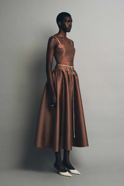 Tie Full Pleated Skirt in Dot Jacquard Mikado