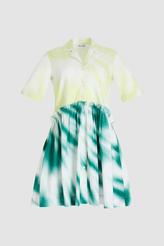 Mini Gathered Shirtdress in Tie-Dye Cotton Poplin
