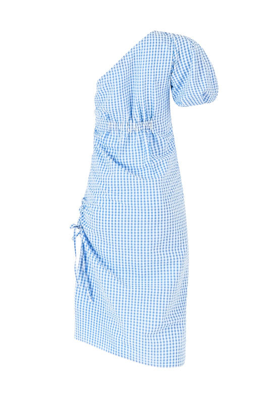 One Shoulder Puff Sleeve Dress in Seersucker Gingham