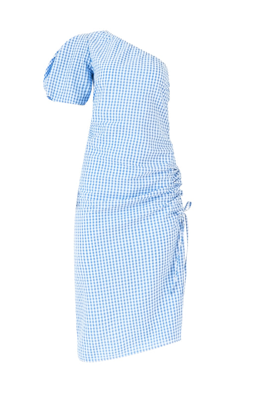 One Shoulder Puff Sleeve Dress in Seersucker Gingham