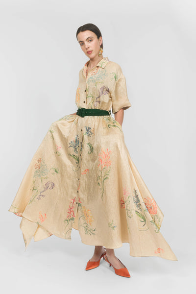 Waiting for Godet Dress in Floral Malta Linen Jacquard