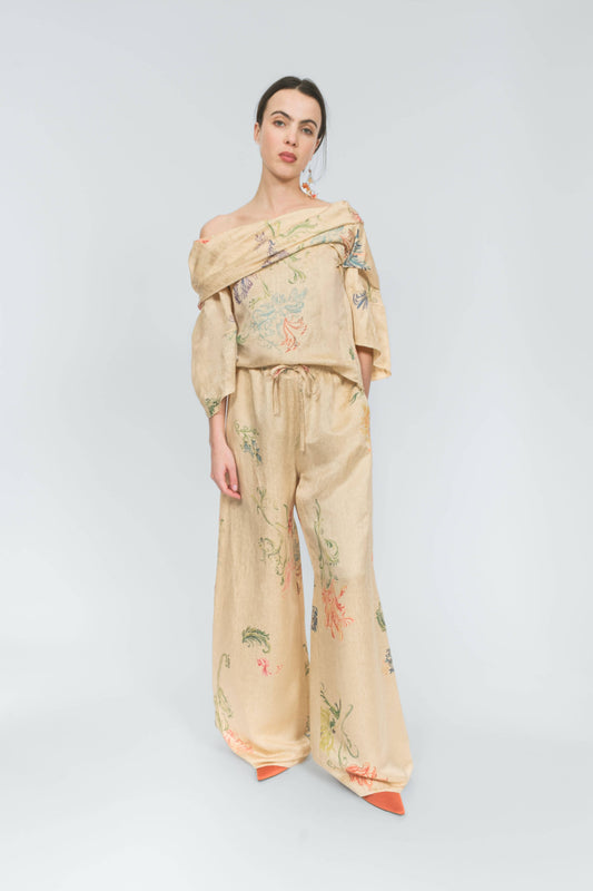 Off the Shoulder Top in Floral Malta Linen Jacquard