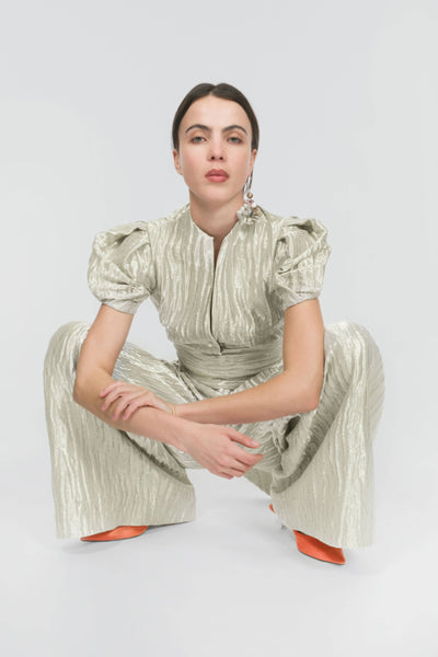 Wide Leg Pleat Pleat Pants in Wavy Lame
