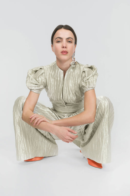Wide Leg Pleat Pleat Pants in Wavy Lame