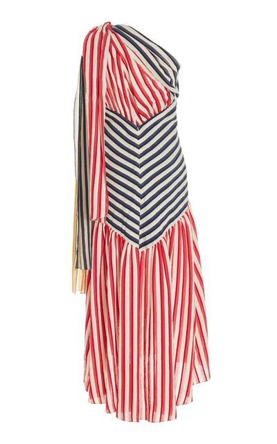 One Shoulder Accordion Dress in Vintage Stripes