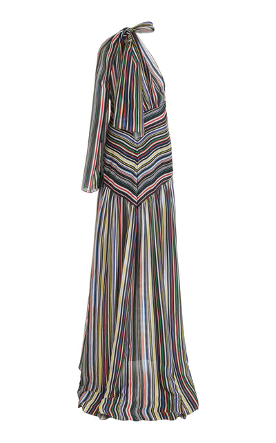 One Shoulder Accordion Gown in Multi Stripe