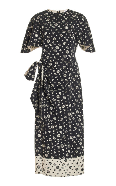 Sash and Slit Dress in Double Faced Floral Stretch Jacquard