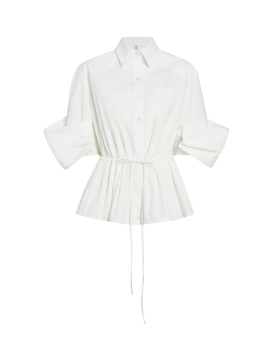 Ruched Peek-a-Boo Button Up - White