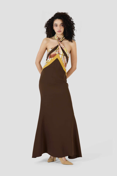 Twisted Halter Dress in Double Faced Georgette Brown / 4 Twisted Halter Dress in Double Faced Georgette Brown / 4