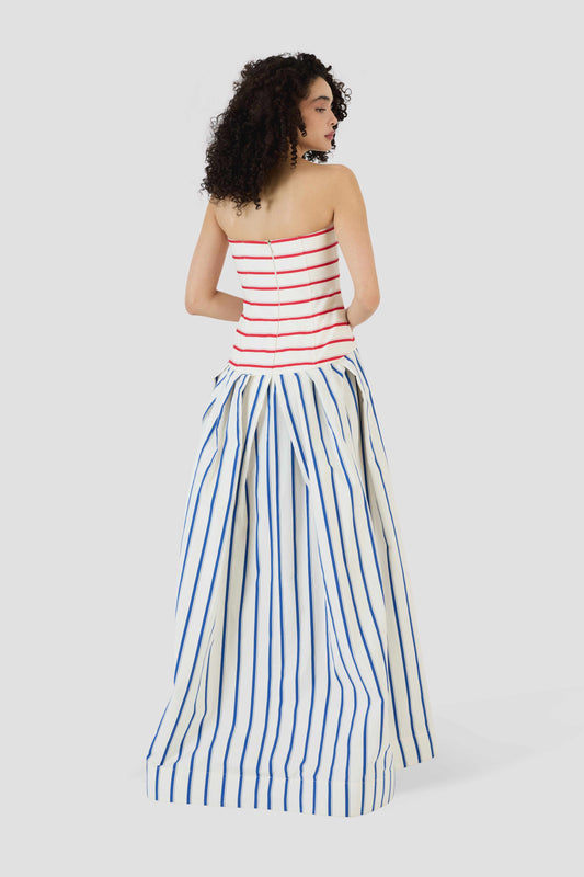 Strapless Drop Waist Gown in Coastal Stripe Cotton