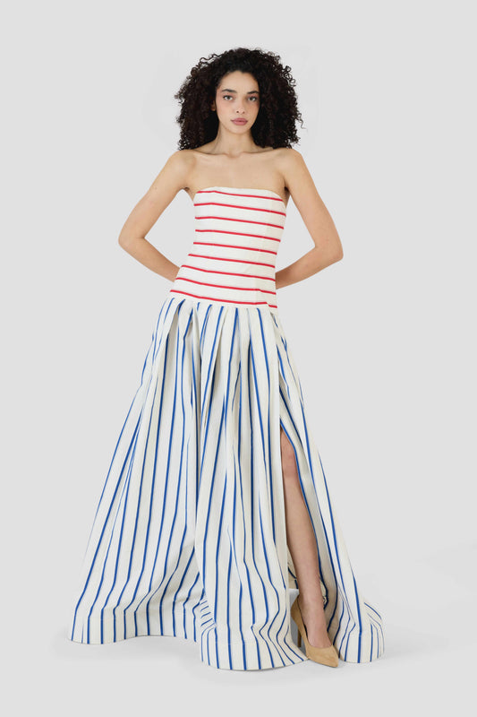 Strapless Drop Waist Gown in Coastal Stripe Cotton Rosie Assoulin Strapless Drop Waist Gown in Coastal Stripe Cotton Rosie Assoulin