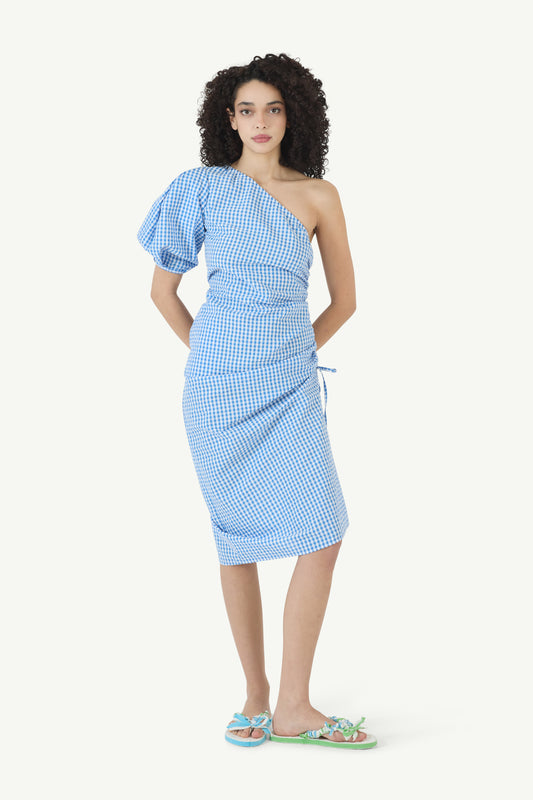 One Shoulder Puff Sleeve Dress in Seersucker Gingham