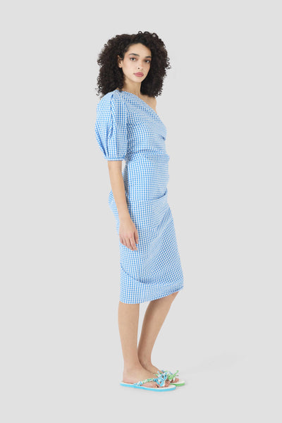 One Shoulder Puff Sleeve Dress in Seersucker Gingham