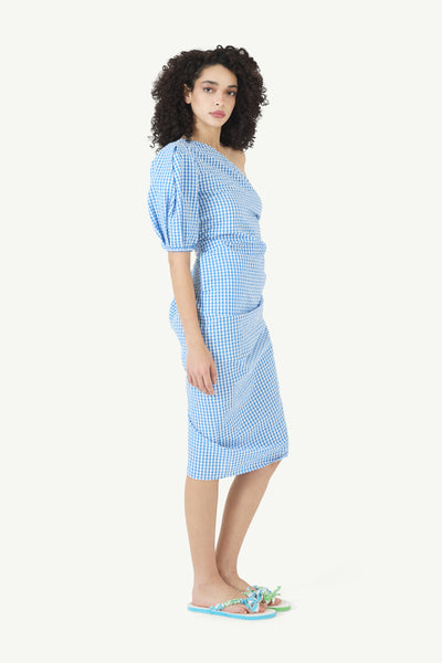 One Shoulder Puff Sleeve Dress in Seersucker Gingham