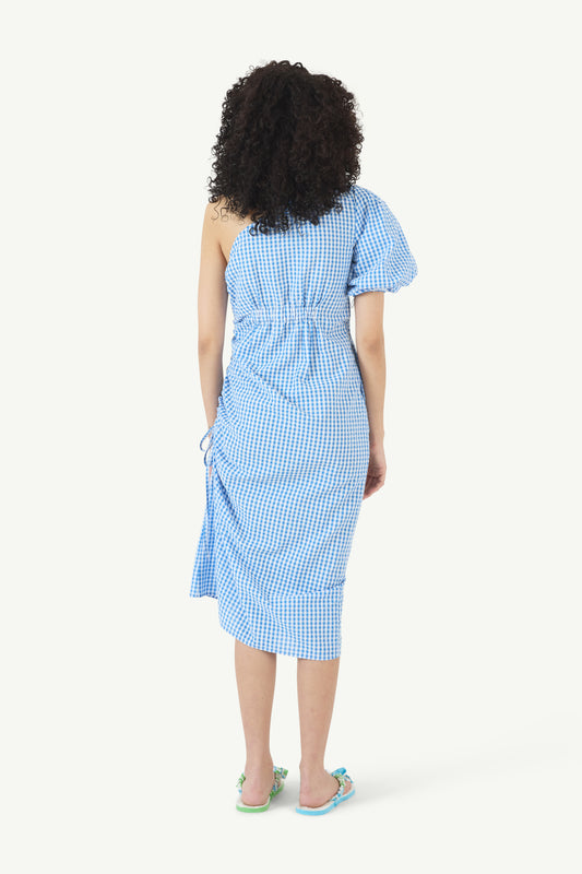 One Shoulder Puff Sleeve Dress in Seersucker Gingham