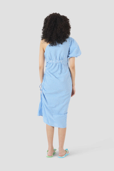 One Shoulder Puff Sleeve Dress in Seersucker Gingham
