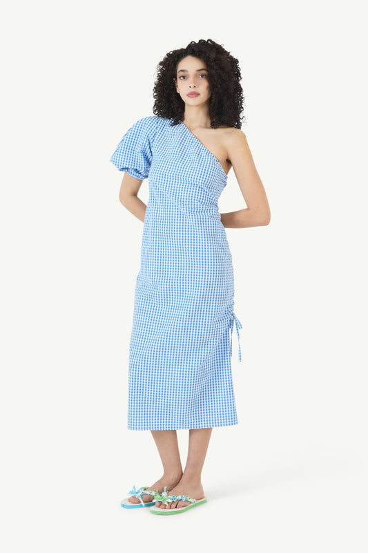 One Shoulder Puff Sleeve Dress in Seersucker Gingham