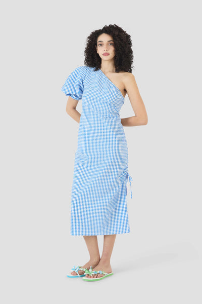 One Shoulder Puff Sleeve Dress in Seersucker Gingham