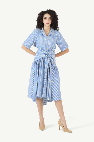 Tie Shirt Dress in Cotton Poplin Stripe