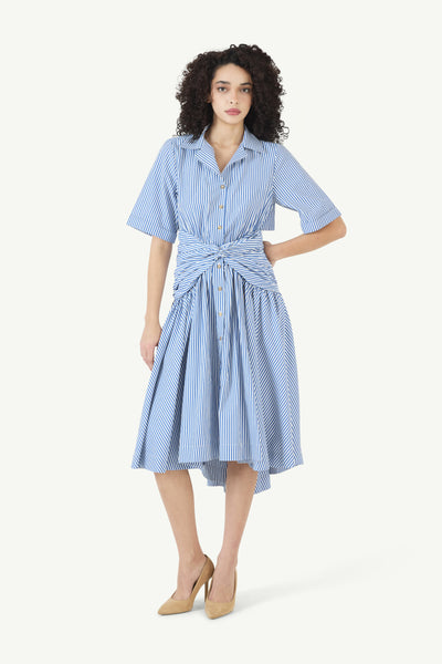 Tie Shirt Dress in Cotton Poplin Stripe