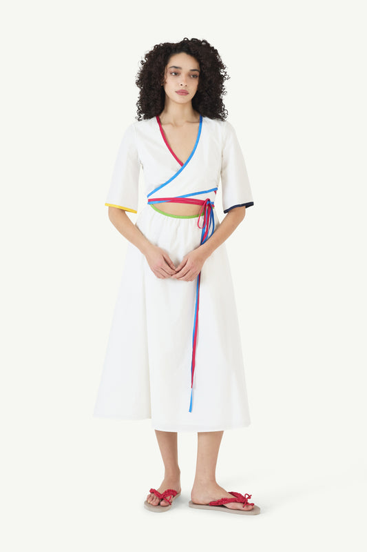 Ribbon Wrap Dress in Cotton Poplin