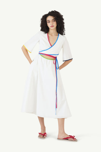 Ribbon Wrap Dress in Cotton Poplin