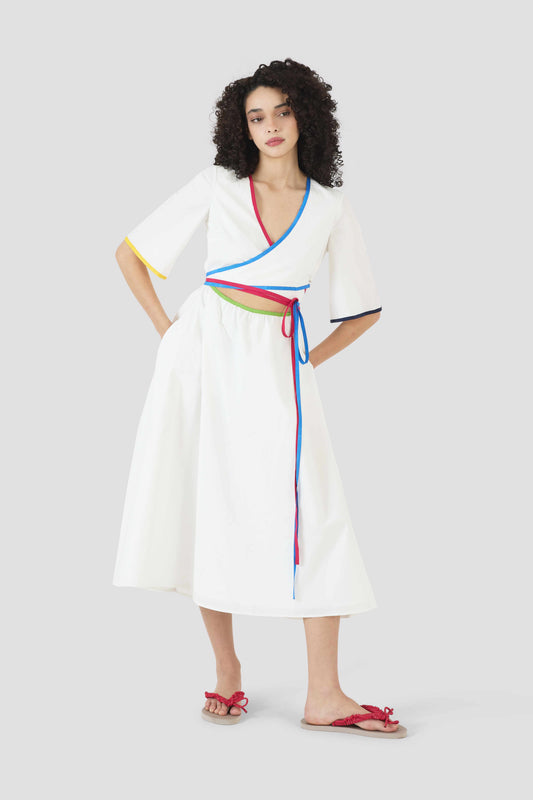 Ribbon Wrap Dress in Cotton Poplin White / 4 Ribbon Wrap Dress in Cotton Poplin White / 4