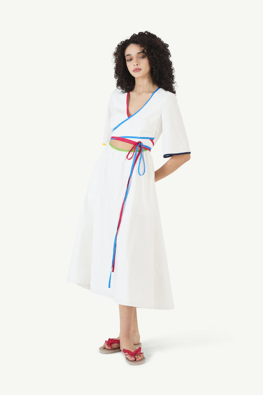 Ribbon Wrap Dress in Cotton Poplin