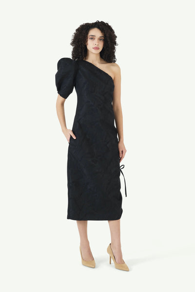 One Shoulder Puff Sleeve Dress in Textured Jacquard